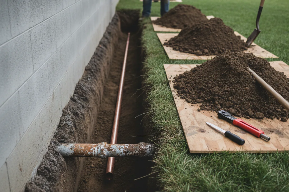 Excavated water line trench during Sewer Line Repair in Templeton